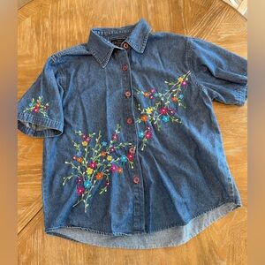 New Direction Jean Denim Blue Button Down Shirt with Floral Embroidery